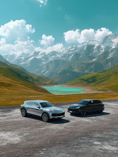 a cinematic high-resolution automotive landscape featuring two luxury SUVs parked on a wide open mountain plateau. One SUV is sleek silver, the other is glossy black, both sharply detailed with clean reflections, parked side-by-side on a smooth gravel plateau surface with slight texture and a subtle moist sheen, as if lightly damp from early morning dew. The background features vibrant green grassy hills rolling gently toward a vast serene turquoise alpine lake, bordered by majestic rugged mountains covered with patches of snow under a bright clear blue sky. The entire scene is bathed in soft natural sunlight, maintaining crisp shadows, vivid reflections on the vehicles and terrain, and a clear fresh atmosphere. The ground showcases fine textured stones with delicate highlights where sunlight grazes across the subtly damp surface. The composition emphasizes wide open space, majestic scenery, and a cinematic luxury travel mood. No text. Photorealistic clarity, cinematic lighting, ultra-detailed textures on vehicles and ground, lush summer grass, vivid highland colors. 8K resolution    5kgl8x5 --raw