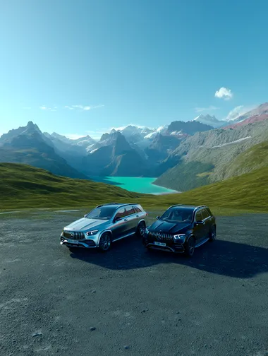 a cinematic high-resolution automotive landscape featuring two luxury SUVs parked on a wide open mountain plateau. One SUV is sleek silver, the other is glossy black, both sharply detailed with clean reflections, parked side-by-side on a smooth gravel plateau surface with slight texture and a subtle moist sheen, as if lightly damp from early morning dew. The background features vibrant green grassy hills rolling gently toward a vast serene turquoise alpine lake, bordered by majestic rugged mountains covered with patches of snow under a bright clear blue sky. The entire scene is bathed in soft natural sunlight, maintaining crisp shadows, vivid reflections on the vehicles and terrain, and a clear fresh atmosphere. The ground showcases fine textured stones with delicate highlights where sunlight grazes across the subtly damp surface. The composition emphasizes wide open space, majestic scenery, and a cinematic luxury travel mood. No text. Photorealistic clarity, cinematic lighting, ultra-detailed textures on vehicles and ground, lush summer grass, vivid highland colors. 8K resolution    5kgl8x5 --raw
