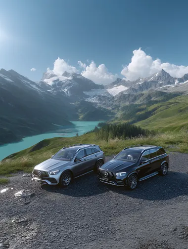 a cinematic high-resolution automotive landscape featuring two luxury SUVs parked on a wide open mountain plateau. One SUV is sleek silver, the other is glossy black, both sharply detailed with clean reflections, parked side-by-side on a smooth gravel plateau surface with slight texture and a subtle moist sheen, as if lightly damp from early morning dew. The background features vibrant green grassy hills rolling gently toward a vast serene turquoise alpine lake, bordered by majestic rugged mountains covered with patches of snow under a bright clear blue sky. The entire scene is bathed in soft natural sunlight, maintaining crisp shadows, vivid reflections on the vehicles and terrain, and a clear fresh atmosphere. The ground showcases fine textured stones with delicate highlights where sunlight grazes across the subtly damp surface. The composition emphasizes wide open space, majestic scenery, and a cinematic luxury travel mood. No text. Photorealistic clarity, cinematic lighting, ultra-detailed textures on vehicles and ground, lush summer grass, vivid highland colors. 8K resolution    5kgl8x5 --raw