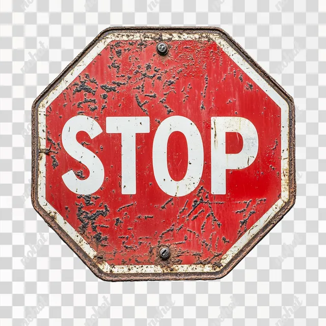 PNG Old Worn Stop Sign Front View with White STOP Text for Urban Safety