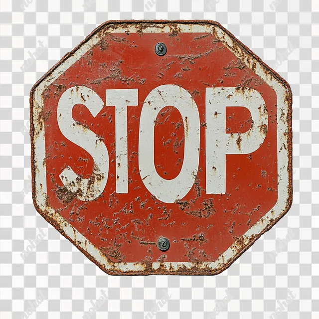 PNG Old Worn Stop Sign on White Background, Front View, Urban Setting