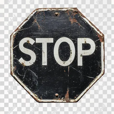 old worn stop sign on a white background, front view with a white inscription STOP in the middle