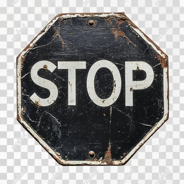 PNG Old Worn Black and White Stop Sign on White Wall in Front View