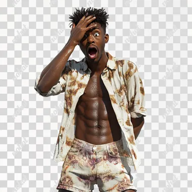 a head to toe image of Michael Robinson wearing a shirt and shorts, Hand over his head surprised reaction, african american, 4k, hyper-realistic, white background