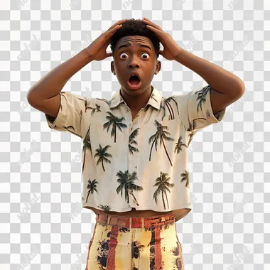 a head to toe image of Michael Robinson wearing a shirt and shorts, Hand over his head surprised reaction, african american, 4k, hyper-realistic, white background
