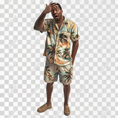 a head to toe image of Michael Robinson wearing a shirt and shorts, Hand over his head surprised reaction, african american, 4k, hyper-realistic, white background