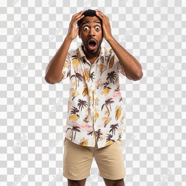 a head to toe image of Michael Robinson wearing a shirt and shorts, Hand over his head surprised reaction, african american, 4k, hyper-realistic, white background