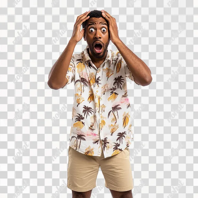 PNG Michael Robinson in shorts and shirt, surprised expression, African American