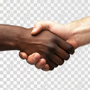 image with close-up of a black man's hand shaking the hand of a white man. neutral white background