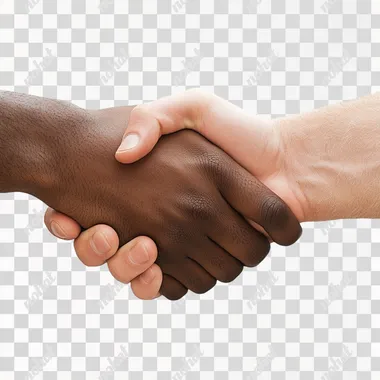 image with close-up of a black man's hand shaking the hand of a white man. neutral white background