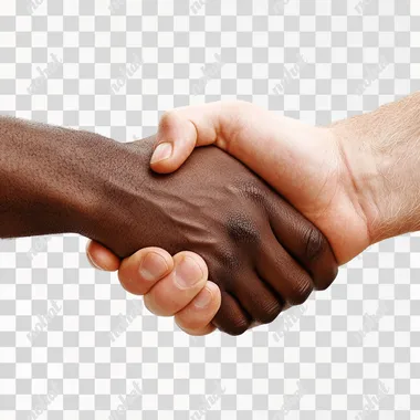image with close-up of a black man's hand shaking the hand of a white man. neutral white background