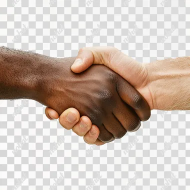 image with close-up of a black man's hand shaking the hand of a white man. neutral white background