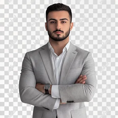 A GOOD LOOKING SAUDI MAN CALLED MOHAMED ALFAYESWITH professional portet standing like an architect pic with grey color background front pose crosed hand