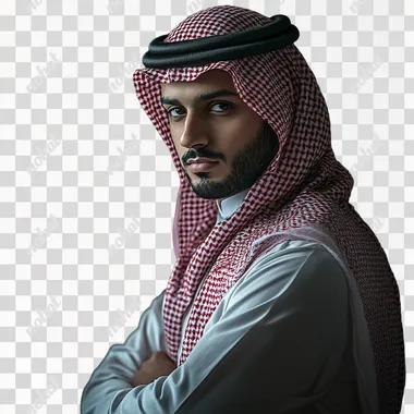 A GOOD LOOKING SAUDI MAN CALLED MOHAMED ALFAYESWITH professional portet standing like an architect pic with grey color background front pose crosed hand