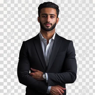 A GOOD LOOKING SAUDI MAN CALLED MOHAMED ALFAYESWITH professional portet standing like an architect pic with grey color background front pose crosed hand