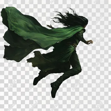 wearing a green cape, jumping