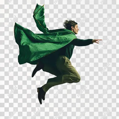 wearing a green cape, jumping