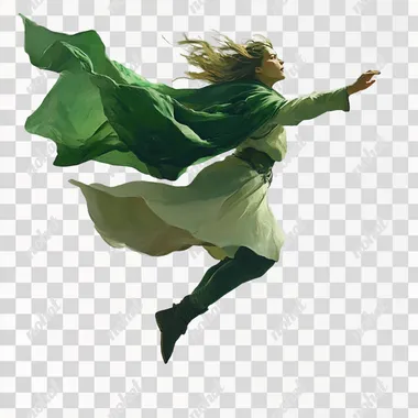 wearing a green cape, jumping