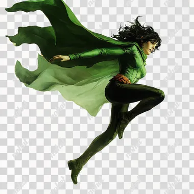 wearing a green cape, jumping