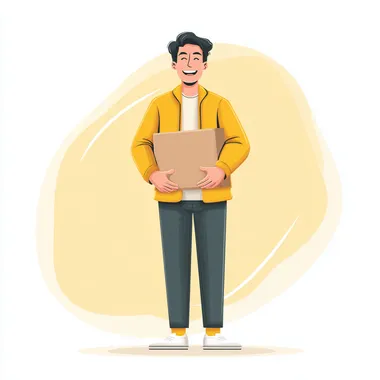 A friendly person with an inviting smile, holding a cardboard box, representing a courier or small business owner soft yellow theme with accents of white and light gray clean background with subtle gradients, not fully yellow minimal modern design, flat vector illustration style, web banner composition, bright and welcoming mood.
