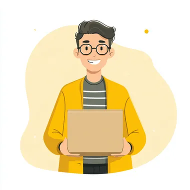 A friendly person with an inviting smile, holding a cardboard box, representing a courier or small business owner soft yellow theme with accents of white and light gray clean background with subtle gradients, not fully yellow minimal modern design, flat vector illustration style, web banner composition, bright and welcoming mood.