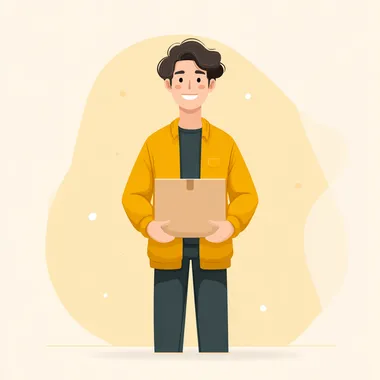 A friendly person with an inviting smile, holding a cardboard box, representing a courier or small business owner soft yellow theme with accents of white and light gray clean background with subtle gradients, not fully yellow minimal modern design, flat vector illustration style, web banner composition, bright and welcoming mood.
