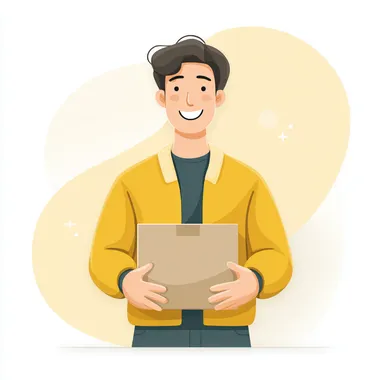 A friendly person with an inviting smile, holding a cardboard box, representing a courier or small business owner soft yellow theme with accents of white and light gray clean background with subtle gradients, not fully yellow minimal modern design, flat vector illustration style, web banner composition, bright and welcoming mood.