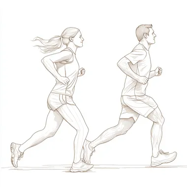 man and woman running in outline style, woman in front and man in back, side view, outiline style, sportswear