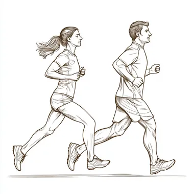 man and woman running in outline style, woman in front and man in back, side view, outiline style, sportswear