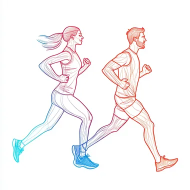 man and woman running in outline style, woman in front and man in back, side view, outiline style, sportswear
