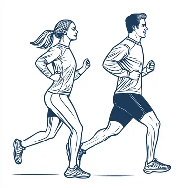 man and woman running in outline style, woman in front and man in back, side view, outiline style, sportswear