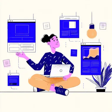 A flat illustration of a man with a laptop easily creating a website with drag and drop a few elements such as a picture a button or a block of text, the design is minimalistic and in dark blue, with a white background,