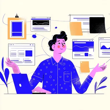A flat illustration of a man with a laptop easily creating a website with drag and drop a few elements such as a picture a button or a block of text, the design is minimalistic and in dark blue, with a white background,