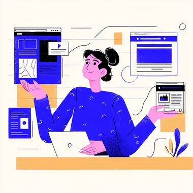 A flat illustration of a man with a laptop easily creating a website with drag and drop a few elements such as a picture a button or a block of text, the design is minimalistic and in dark blue, with a white background,