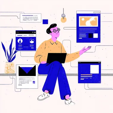 A flat illustration of a man with a laptop easily creating a website with drag and drop a few elements such as a picture a button or a block of text, the design is minimalistic and in dark blue, with a white background,