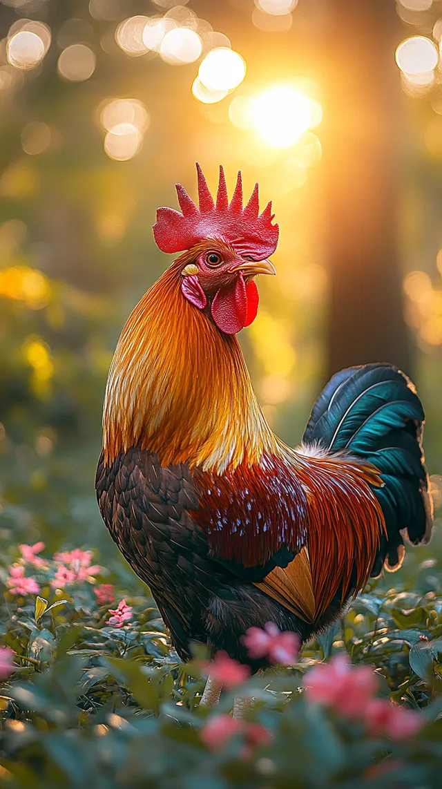 a rooster standing in a field of flowers