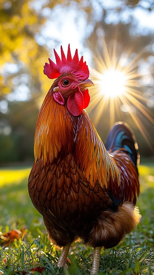 a rooster standing on top of a lush green field