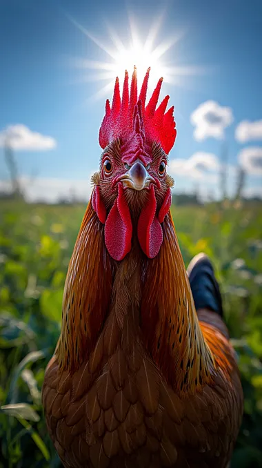 A handsome rooster crowing under a bright sun, surrounded by lush green grass, capturing a beautiful and minimalist scene. Wide-angle perspective, high resolution,  --s 750