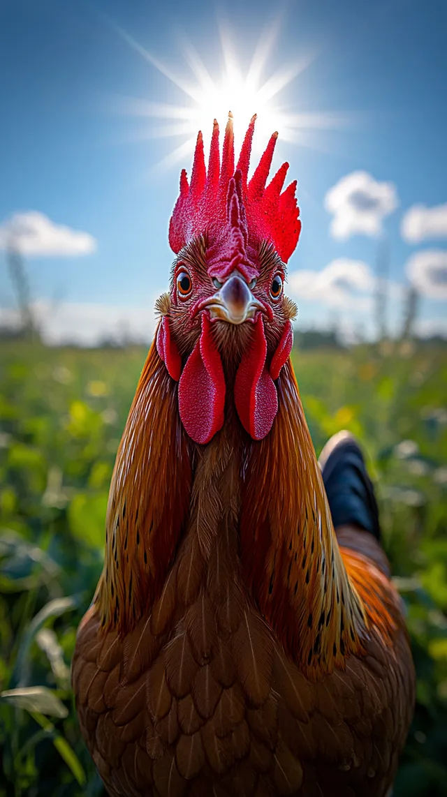 a close up of a rooster in a field