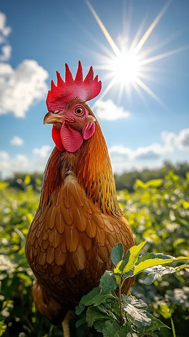 A handsome rooster crowing under a bright sun, surrounded by lush green grass, capturing a beautiful and minimalist scene. Wide-angle perspective, high resolution,  --s 750