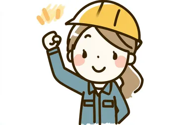 Simple, flat line illustration of a smiling engineer woman wearing a hard hat and work attire, raising her fist in the air, against a white background. The design is simple, in a vector style icon with yellow safety helmet and a blue work uniform,. The artwork has a hand-drawn doodle cartoon style, with a minimalistic, cute character.   rofile 7ujgvgo