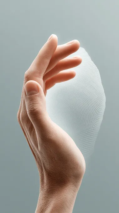 Surreal image of a human hand gently touching a glowing digital interface with abstract geometric patterns, soft and ethereal lighting, futuristic and harmonious atmosphere, minimalist composition, high resolution, digital painting,   --s 750  41t7lo2