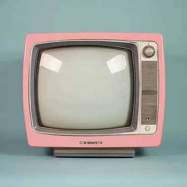 A photo of an old Sony television from the early 1960s, vintage, with a pink and grey color scheme,