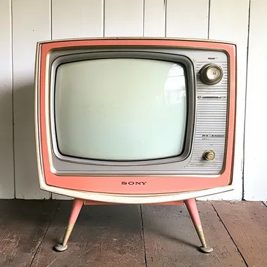 A photo of an old Sony television from the early 1960s, vintage, with a pink and grey color scheme,