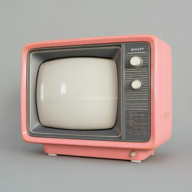 A photo of an old Sony television from the early 1960s, vintage, with a pink and grey color scheme,