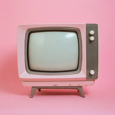 A photo of an old Sony television from the early 1960s, vintage, with a pink and grey color scheme,