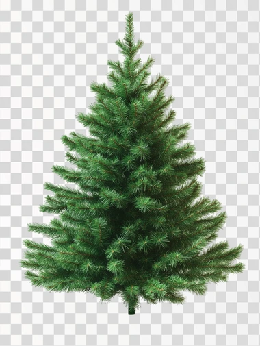 cast green Christmas tree, isolated on white background, realistic photo, few decorations