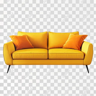 Yellow sofa without legs with orange cushions on white background, bright juicy colors, super realistic picture