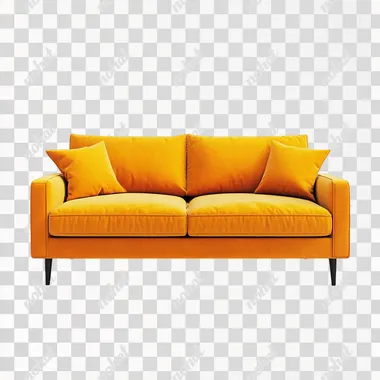 Yellow sofa without legs with orange cushions on white background, bright juicy colors, super realistic picture