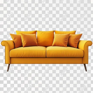 Yellow sofa without legs with orange cushions on white background, bright juicy colors, super realistic picture